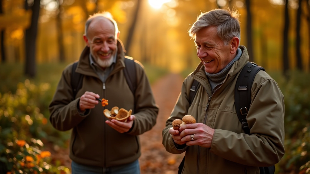 Seniori pārgājiena laikā rudenī vāc sēnes un augļus no dabas