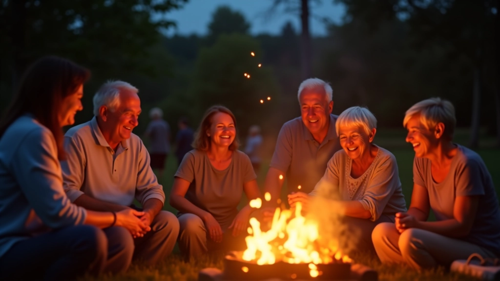 Seniori un ģimenes apkārt ugunskuram Jāņu svētkos, smaidoši, skaista vasaras nakts atmosfēra