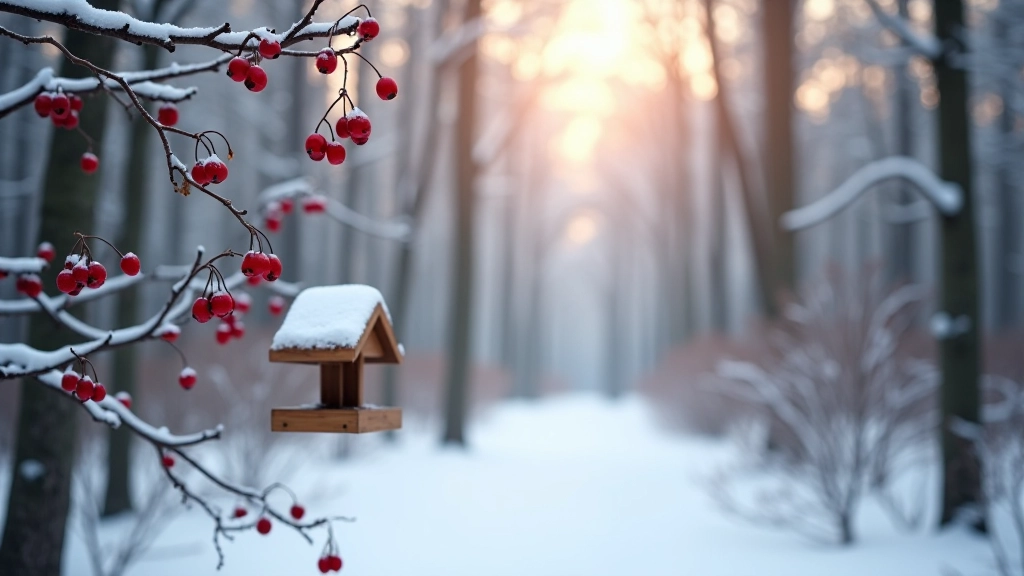 Ziemas meža skats ar sniegu, sarkaniem oguļiem un putnu mājām